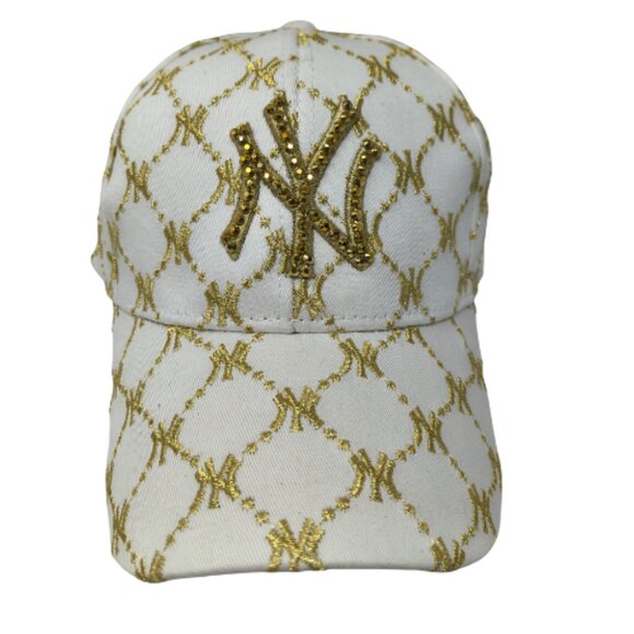 NY New York Yankee Hat- White & Gold with Bling! - Picture 1 of 2